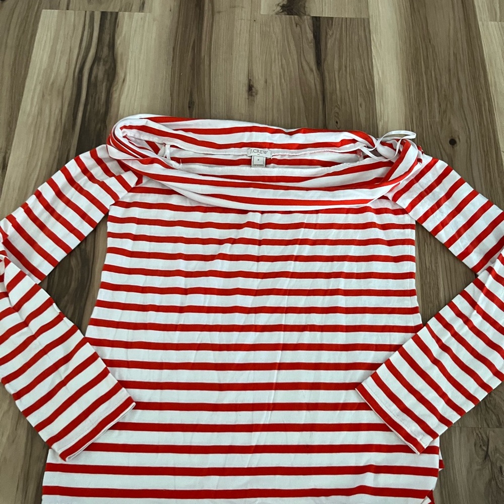 J. Crew Red/White stripe off the shoulder long sleeve knit top tee size m